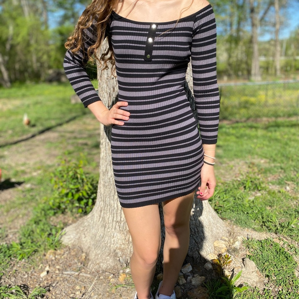 Striped Black and Gray Off-Shoulder Dress